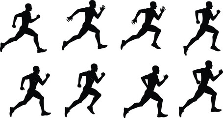 Running motion silhouettes, athletic pose sequence, human locomotion art, biomechanics illustration, dynamic movement design set