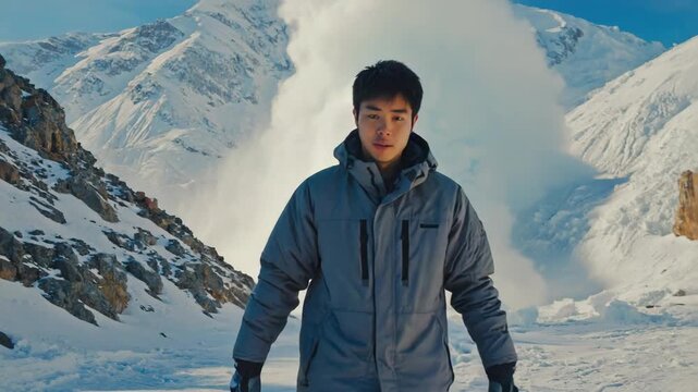 Man experiences the immense power and danger of a large snow avalanche descending a steep mountain in a remote winter landscape, creating a dramatic and hazardous natural event