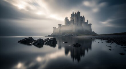 A majestic castle stands sentinel on a misty shore, its reflection mirroring the tranquil, gray tones of the water.