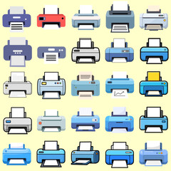 A comprehensive collection of diverse printer icons, showcasing various models of printing devices for modern office and home environments, representing essential digital output technology