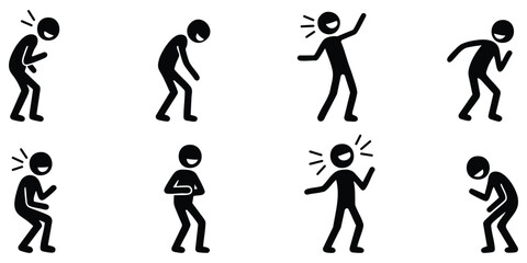 Stickman silhouette set of laughing poses showing humor, happiness, joy, comedy, entertainment, and cheerful emotional expressions
