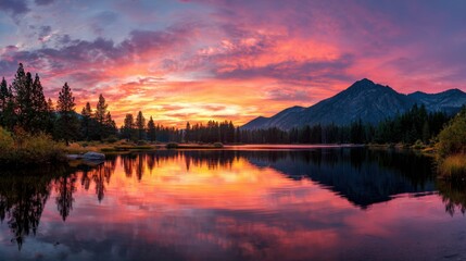 Fototapeta premium A breathtaking sunset casts brilliant hues across the sky and reflects on a calm lake surrounded by pine trees and mountain peaks. The serene setting invites peace and contemplation.
