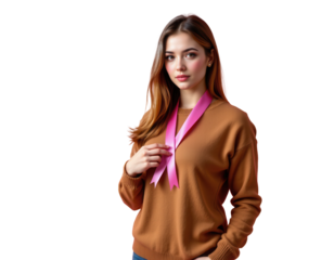 Young Woman Holding Pink Ribbons for Awareness Campaign