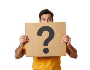 Man Holding Cardboard Box with Question Mark Symbol on It
