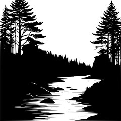 Black and white vector illustration of river flowing through forest trees silhouette