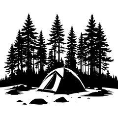 Camping adventure in the forest with tent and trees silhouette vector art