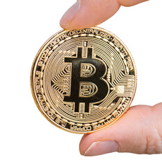 Bitcoin in female hand, closeup object. Isolated on transparent background