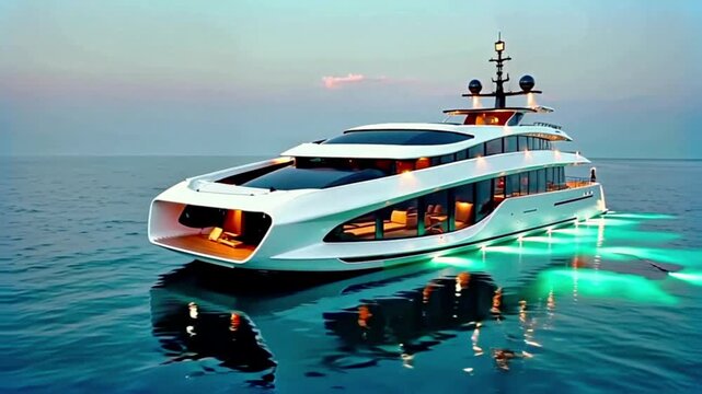 A sleek, modern yacht with a white and blue design is seen at sea, reflecting its surroundings in the water. The yacht has a futuristic look with a large open deck and a tall mast.