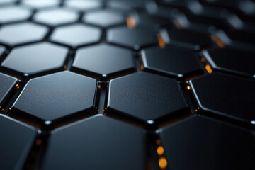 Fototapeta premium A black hexagonal background with orange lights.