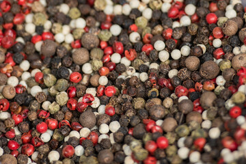 Close-up of mixed peppercorns in different colors black, white, red, and green. Aromatic spice blend used in cooking, seasoning, and gourmet cuisine. Macro photo of natural dried spices