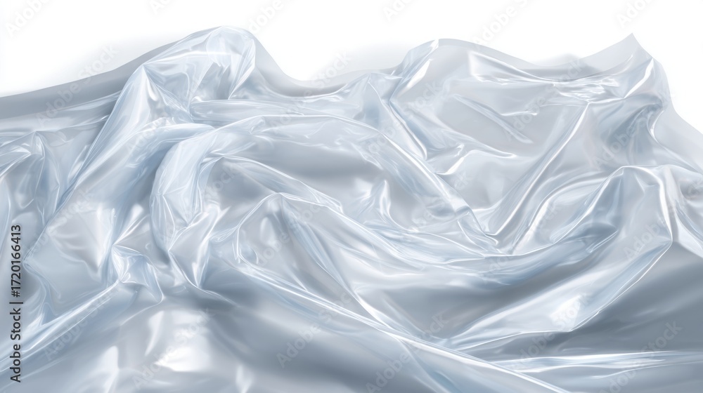 Poster A smooth and shiny transparent plastic sheet rests on a white surface. The folds and curves create a dynamic flow, capturing light and subtle reflections that enhance its texture.