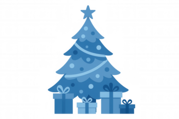 Blue christmas tree decorated with star and ornaments, celebrating winter holidays with multiple gift boxes under branches