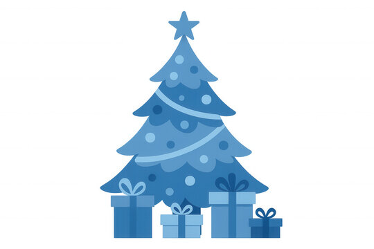 Blue christmas tree decorated with star and ornaments, celebrating winter holidays with multiple gift boxes under branches