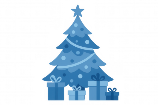 Blue christmas tree decorated with star and ornaments, celebrating winter holidays with multiple gift boxes under branches
