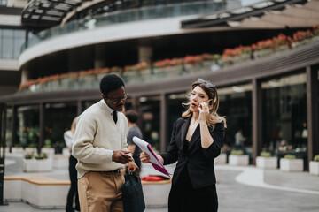A man and woman in professional attire collaborating on documents outside near a contemporary building.