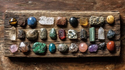 A vibrant assortment of gemstones in various shapes and colors sits on a weathered wooden plank. The display showcases natural beauty and diversity, drawing attention to each distinct stone.