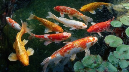 A group of vibrant koi fish glides through clear water in a serene pond, with lily pads floating nearby. The sun casts gentle reflections on the surface, creating a peaceful atmosphere.