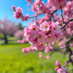 Vibrant Pink Cherry Blossoms Bloom in the Spring Sunlight