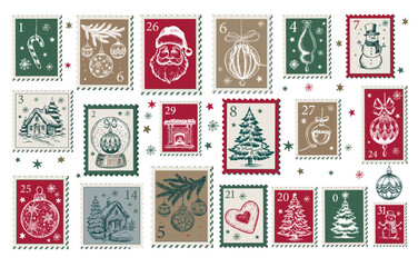 Christmas Stamps, mail, Advent calendar, postcard hand drawn illustrations.