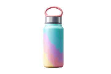 Colorful stainless steel water bottle with pastel ombre design and pink lid, cut out
