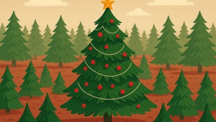 Fototapeta premium Festive evergreen forest illustration.
