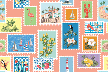 Amalfi, sailboat, lemon branch, lighthouse, sardine fish, sea wave, palms, flamingo, toucan, palm, hibiscus flower, shell in the frames seamless pattern. Summer Italian postage stamp.