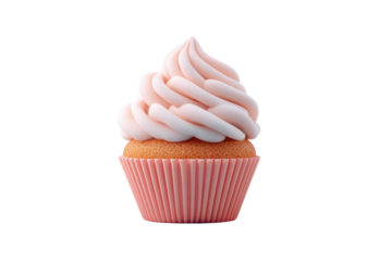 Delicate pink swirl cupcake with fluted paper liner on black background, cut out