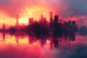 Red sky over city skyline with clouds.