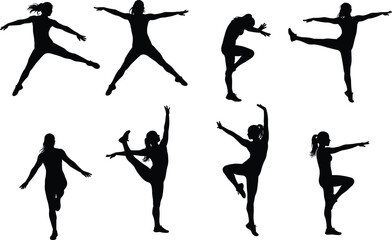 Human silhouette, dance poses, expressive movement, balanced stances, extended limbs, choreography moment, artistic motion, lifestyle concept, black figure, white background