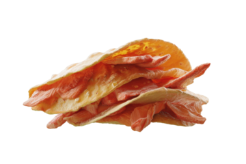 Realistic salmon and crispy chips on a black background, cut out
