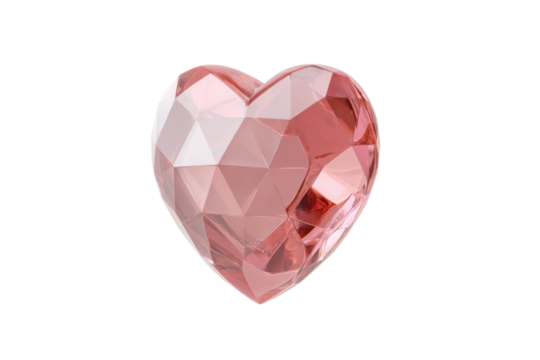 Faceted pink heart crystal with transparent background, cut out