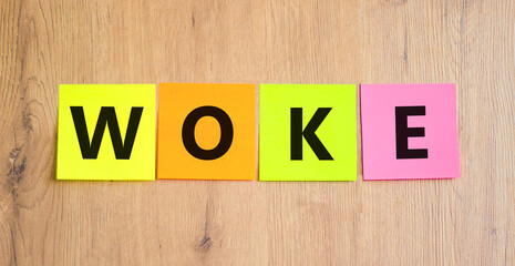 Woke question symbol. Concept word Woke question on beautiful colored paper. Beautiful wooden table wooden background. Business, lifestyle, support and woke question concept. Copy space.