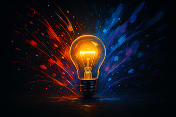 Creative light bulb illuminated with vibrant blue and red energy burst symbolizing innovation ideas and future technology inspiration