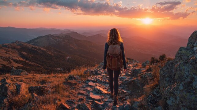 A person hikes along a rocky trail in the mountains as the sun sets on the horizon, casting a warm glow over the vast landscape. The natural beauty captivates the scene.