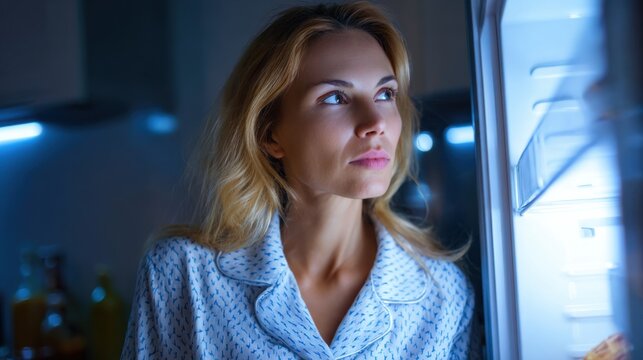 A woman in bedtime attire stands in front of an open refrigerator at night, her expression reflecting thoughtfulness as she considers her late night snack options.
