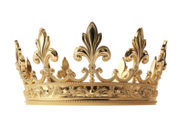 Elegant golden crown design with ornate details on a transparent background for royalty