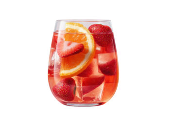 Fresh strawberry and orange infused iced beverage in a glass, cut out