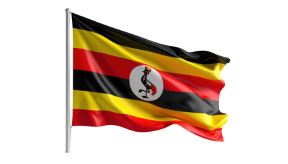 A digitally rendered, detailed image of the national flag of Uganda, displaying vibrant colors and flowing fabric, against a plain black backdrop.
