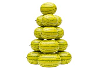 A vibrant pyramid of stacked watermelons, showcasing a striking yellow-green color scheme against a stark black background.