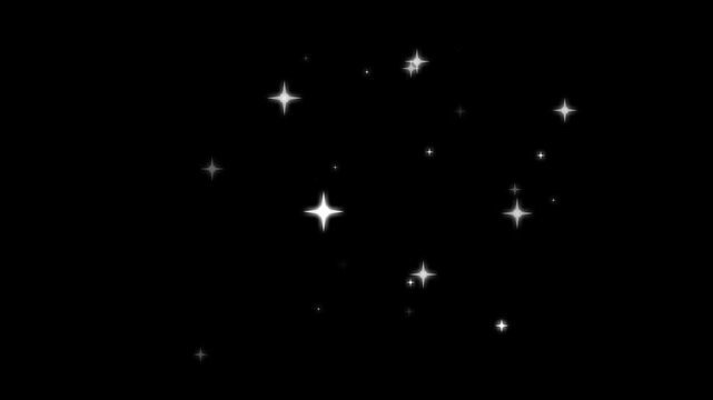 White glowing stars sparkle, blinking retro vector stars and dots, twinkling starry night sky, looping animation, doodle glitter trail, twinkle magic dust animation, shimmer particle on black screen