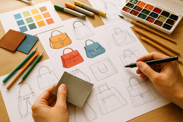 Fashion accessory design sketches with colorful handbag illustrations leather samples pencils and creative studio supplies