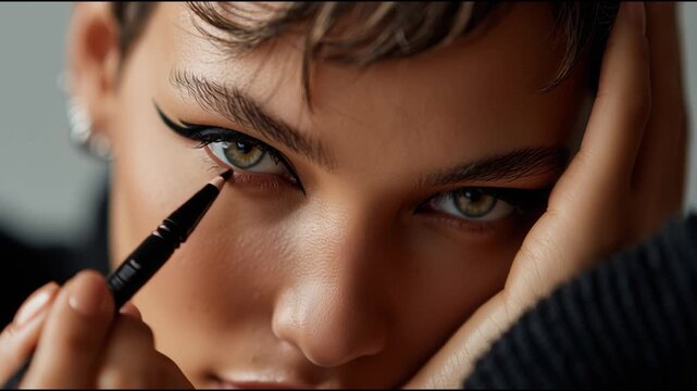Expert eyeliner application technique showcased by model in studio setting with natural lighting