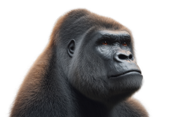 Majestic silverback gorilla portrait with intense gaze and detailed fur texture, cut out