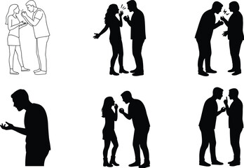 Silhouettes of people arguing, conflict illustration, emotional tension, communication breakdown, black vector, disagreement concept