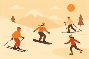 Winter adventure scene with skiers and snowboarder in minimalist style on a mountain landscape