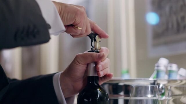 Waiter in uniform using corkscrew for uncorking bottle of wine or champagne, spiral corkscrew pulling stopper from the neck of the bottle, catering service in luxury restaurant
