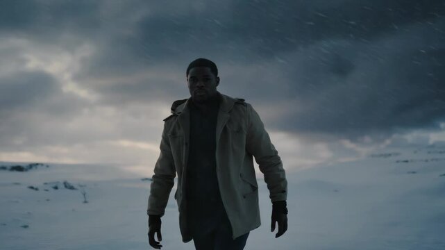 Man in warm coat trudging through a vast, snowy winter landscape amid a fierce blizzard, facing harsh, freezing conditions with determination and solitary endurance