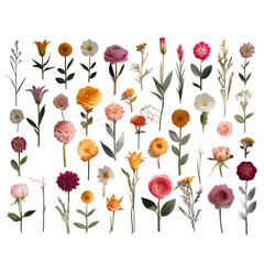 Naklejka premium A collection of various delicate flowers and stems isolated on transparent background