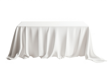 Elegant white tablecloth covering a table on a transparent background for presentation or display