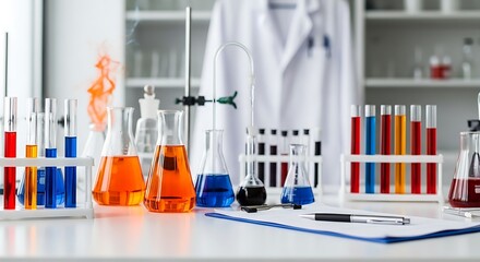 Laboratory equipment with colorful liquids and a lab coat